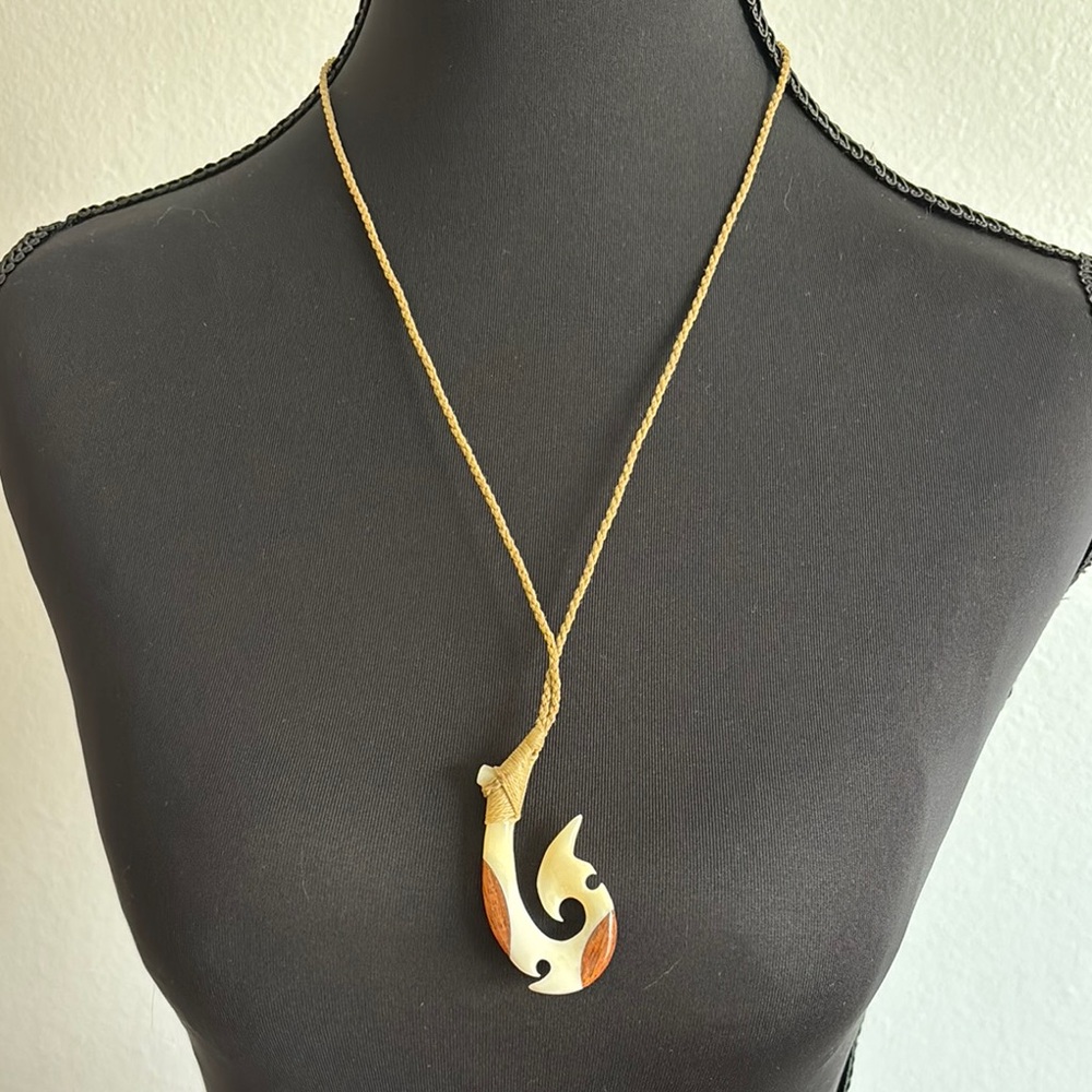 Hawaiian Koa Wood and Bone Hook Necklace